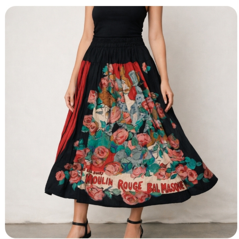Vintage Carole Little Moulin Rouge Floral A-Line Skirt Size 10 Boho Elastic Wais